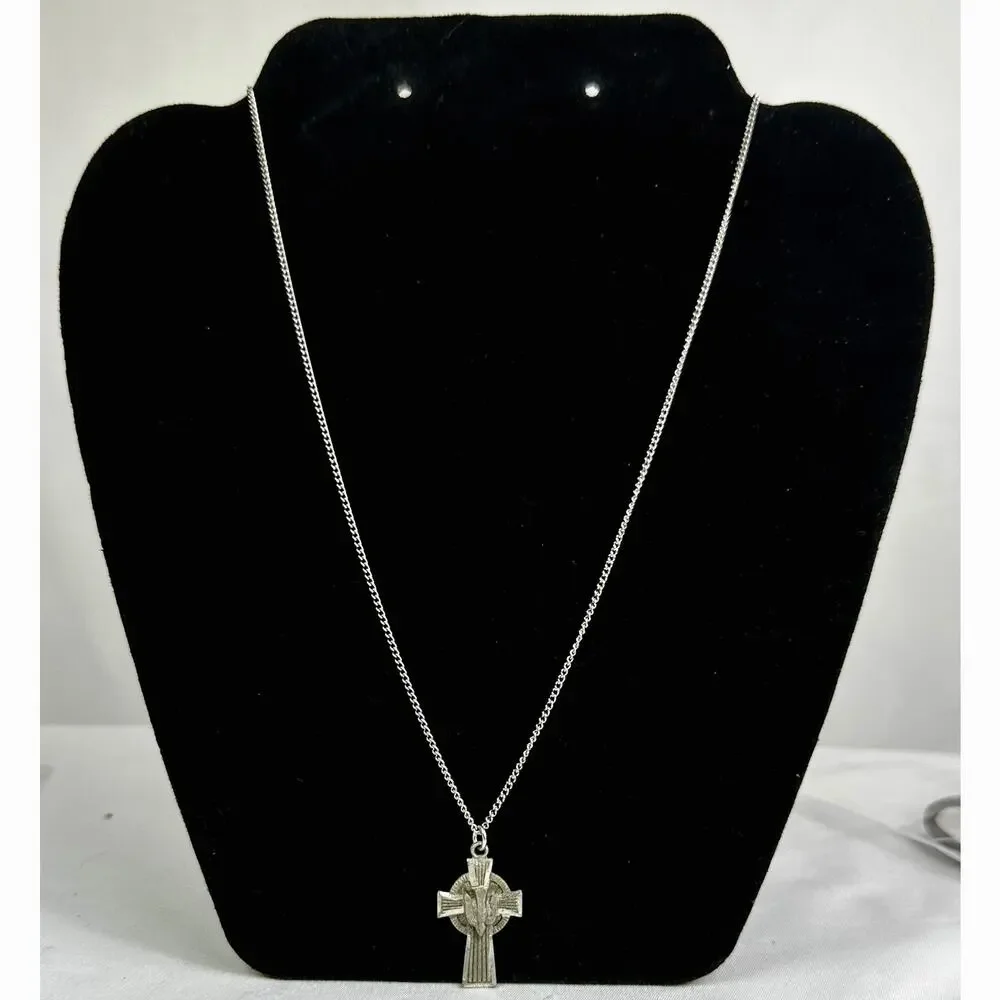 Vintage Pewter Catholic Holy Spirit Confirmation Cross Pendant Necklace